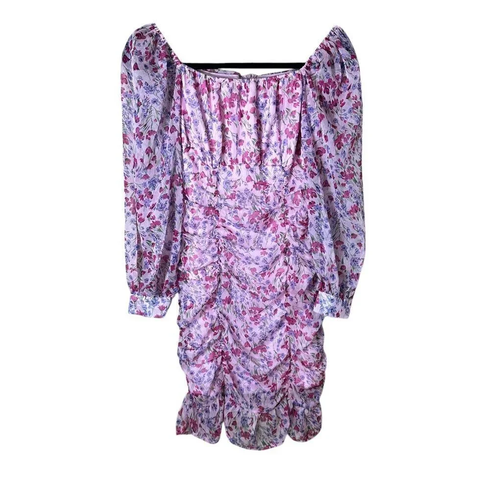 ZARA Purple Pink Floral Ruched Sheer Long Sleeve Mini Dress Size Small
